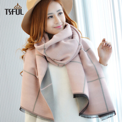 

Tsful W0090A scarf female winter long warm air conditioning shawl winter thick dual-use cashmere wild stripes Korean fashion scarf large pink