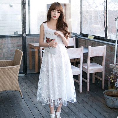 

Long Yue Women&39s Slim Lace Embroidered Sleeveless One-piece Dress Small Fresh Sweet Pure Chiffon Dress LWQZ172103 White L