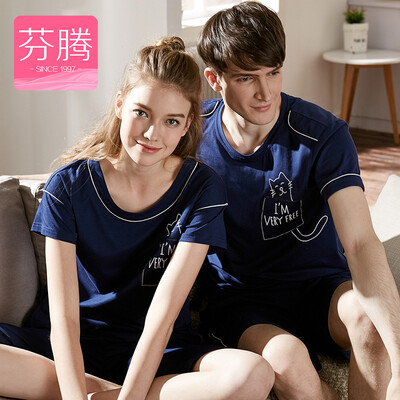 

Fen Teng FENTENG underwear pajamas summer 2017 new solid color cartoon couple home service suit female L9724416 Po Lan M