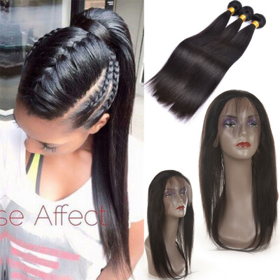 

100 human Peruvian Virgin Hair With Closure 360 Lace Frontal With Bundle Straight Human Hair With Closure Peruvian Lace Hair Clos