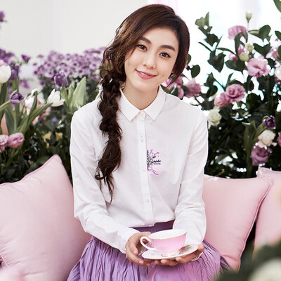 

INMAN 2017 Autumn new shirt embroidered wild long-sleeved shirt female 1871011320 pearl white M