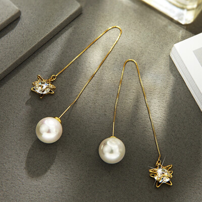 

Quiet style flower Anne Shihua Luo crystal pearl shape earrings female ear line long dual-use Japan and South Korea earrings gold