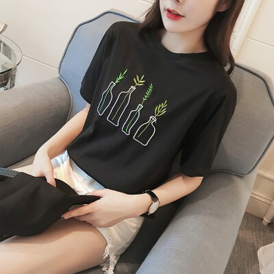 

Long Yue Women Korean version of the small fresh embroidery printing short-sleeved T-shirt loose round collar fashion wild shirt LWTD172206 white L