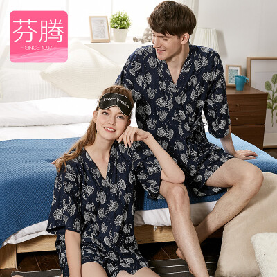 

Fen Teng FENTENG underwear couple pajamas spring&summer 2017 new in the sleeves retro belt pajamas home service suit female L9714280 deep blue