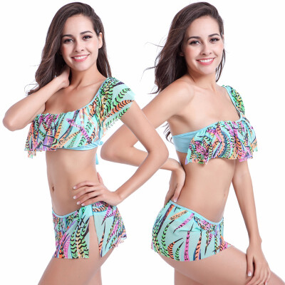 

Transparent Stretch Mesh Layer Flounced Top with Adjustable shoulder strap Removable Push up Lycra Bikini