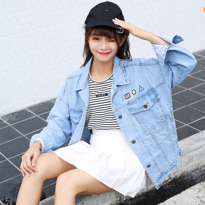 

JOY OF JOY Korean Back Pattern Letter Sticker Design Jeans Jacket JWWT178134 Blue S