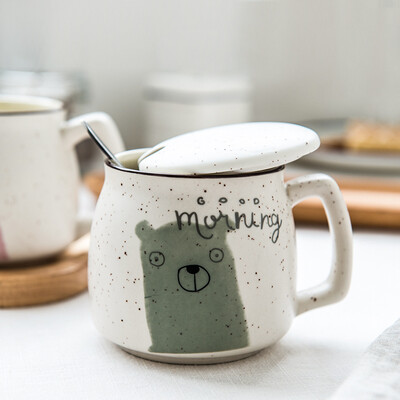 

Porcelain soul creative fashion ceramic cartoon cup couple mug with covered spoon water cup fresh and lovely milk coffee cup Meng Meng animal gray bear