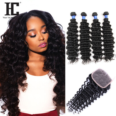 

Deep Wave Brazilian Hair with Closure 8A 4 Bundles Brazilian Virgin Hair Deep Wave with Closure Natural Black Human Hair Weave