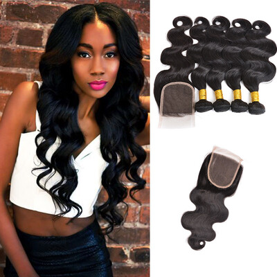 

Natural Black Color 4 Bundle of Brazilian Malaysian Indian Peruvian Virgin Hair Body Wave with Closure