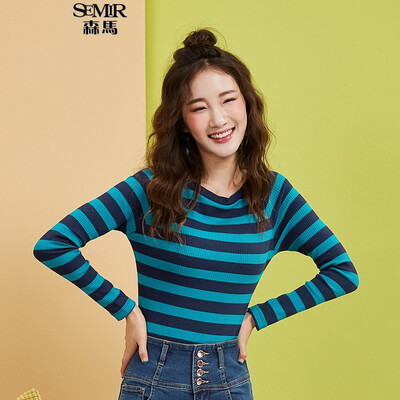 

Semir Knitwear Female 2017 Fall Slim Shiny Sweet Striped Stretch Stretch 12316010201 Blue&Green Tone S
