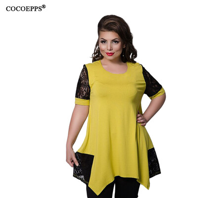 

COCOEPPS New Plus size Irregular Women Lace Tops 2017 Large Size Patchwork Ladies Blouse Blue O-Neck Elegant Femme 5XL 6XL Shirt