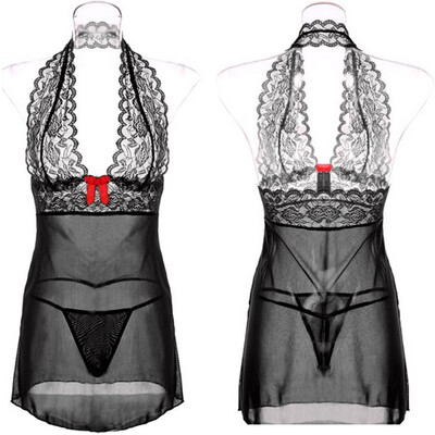 

CXSHOWE Sexy Lingerie Halter Women Lace Underwear Mini Babydoll Sleepwear with G-string Chemise Se 4 Colors
