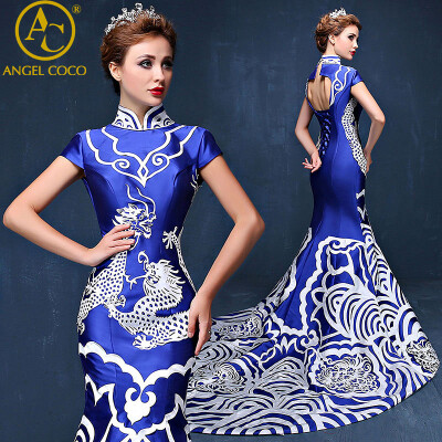 

Robe De Soiree Royal Blue Mermaid Evening Dress Party Elegant Vestido De Festa Long Prom Gown 2017 Chinese Dress Cheongsam Qipao