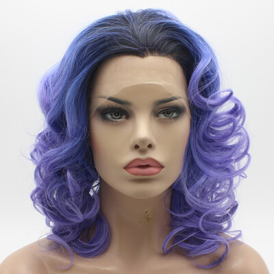 

Iwona Hair Wavy Shoulder Length Dark Root Purple Ombre Wig Half Hand Tied Heat Resistant Synthetic Lace Front Wig
