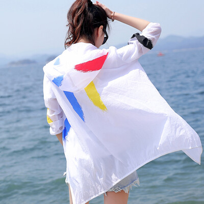 

Longyue women in the long section of sunscreen ink graffiti zipper hooded air conditioning shirt LWDY174114 white all