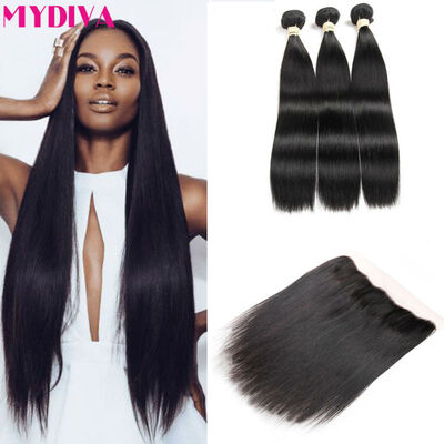 

8A Malaysian Straight Hair 3 Bundles With Lace Frontal Closure Malaysian Virgin Hair With Closure Human Hair Weave 1B Mydiva