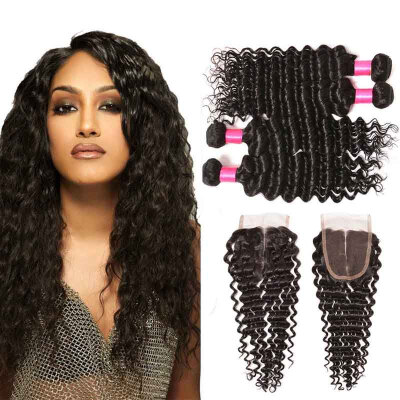 

Silk Based Brazilian Deep Wave Closure Brazilian Virgin Hair 4 Bundles With Closure 8A Brazilian Deep Curly Virgin Hair