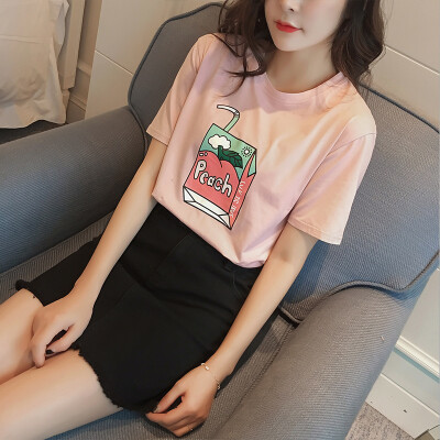 

Long Yue Women loose loose casual short-sleeved round neck T-shirt college style fashion wild primer LWTD172202 pink