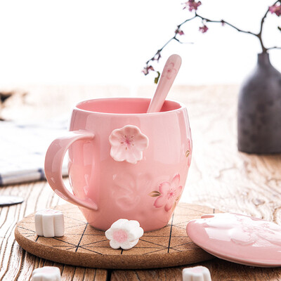 

Porcelain soul creative still flower mug with lid spoon couple three-dimensional water cup ceramic cup simple milk coffee cup office cherry cup pink
