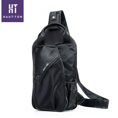

Haupton HAUTTON men&39s bag shoulder bag men&39s chest bag head layer of leather stitching canvas leisure fashion trend diagonal package DB132 black