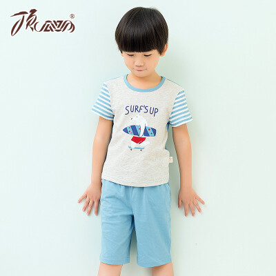 

Jingdong supermarket] top Guagua (dingguagua) children pajamas boys summer cotton round neck suit stripes stitching short-sleeved shorts home service set 86029 blue 90