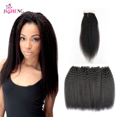 

8A Indian Virgin Human Hair 3 Bundles Kinky Straight Wave Hair Weaving With 4*4 Lace Closure Remy Hair Extension