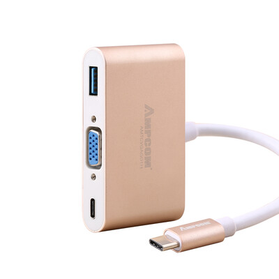 

AMPCOM (AMPCOM) Тип-C к VGA + HUB USB-C 3,0 Зарядное устройство HD-конвертер Macbook Просо Air Notebook Adapter Алюминиевый сплав Gold