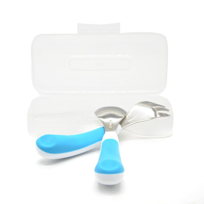 

Austrian show OXO childrens stainless steel fork spoon boxed baby practice tableware portable set non-slip blue without BPA