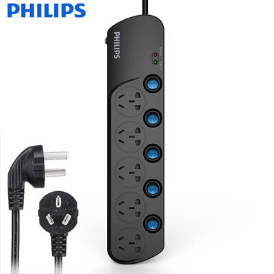 

Philips PHILIPS new national standard row 5 1.8 m drag line board five combination hole wiring board sub-control switch plug board child protection door row plug lightning protection overload socket