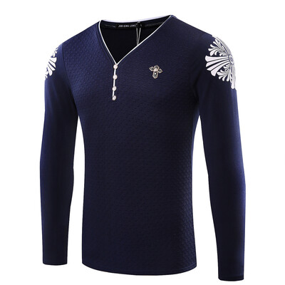 

Mens slim cotton V collar long sleeve printed casual T-shirt top