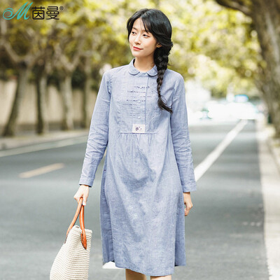 

Yan Man INMAN 2017 autumn new style art embroidery cotton&linen shirt dress doll collar long skirt 1873101080 soil khaki M