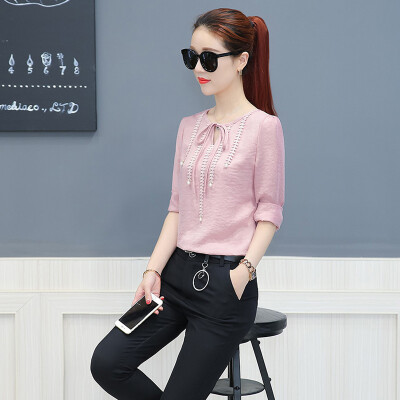 

Fort Sheng 2017 new women&39s autumn fashion T-shirt solid color Korean loose V-necklace simple long-sleeved down chiffon shirt shirt tide zx17081411 pink L