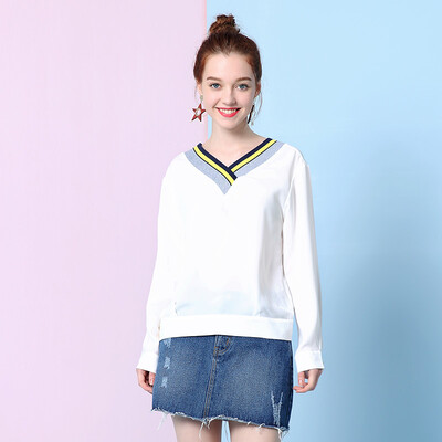 

Mark Huafei Women 2017 Autumn New Long Sleeve Shirt V-neck Sexy Shirt Female 426303011010 White S