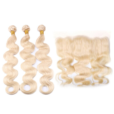 

7A Cheap 13x4 Ear to Ear Lace Frontal Closure With Bundles Peruvian Virgin Hair Body Wave Ombre 613 Honey Blonde Color