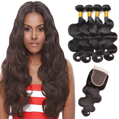 

Brazilian Body Wave Human Hair Weaves Extensions 4 Bundles with Closure Free Middle 3 Part Double Weft Dyeable Bleachable 100g pc