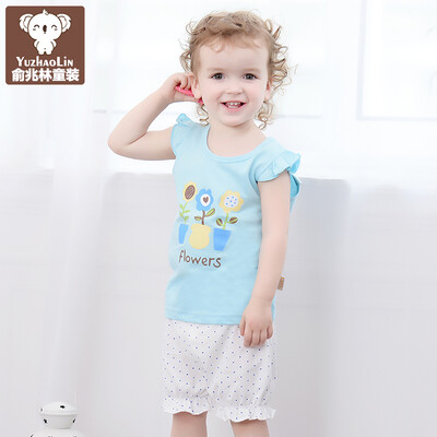 

Yu Zhaolin children's suit summer children's clothing girls lace sleeve short-sleeved shorts suit YH16T275028 three flowers ice cream blue 110