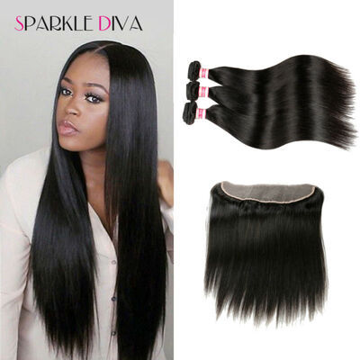 

Sparkle Diva Brazilian Straight Lace Frontal Closure With Bundles 4 Pcs Free Shipping Brazilian Virgin Hair 3 Bundles With Closure