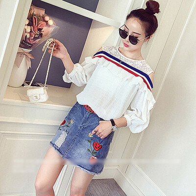 

Sustory womens 2017 summer Korean version of the loose fashion lace word collar strapless cropped sleeves ruffled shirt Lantern sleeve chiffon shirt SU224 white S