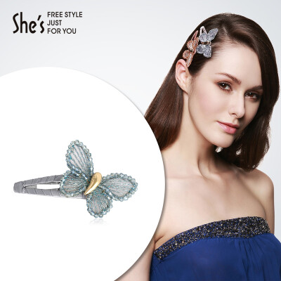 

shes Qian Zi head jewelry hairpin gift bangs yarn butterfly crystal word BB side clip blue