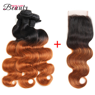 

Ombre Brazilian Virgin Hair Body Wave 3 Bundles with Lace Closure 4x4 Two Tone Human Hair 1b30 Free Shipping