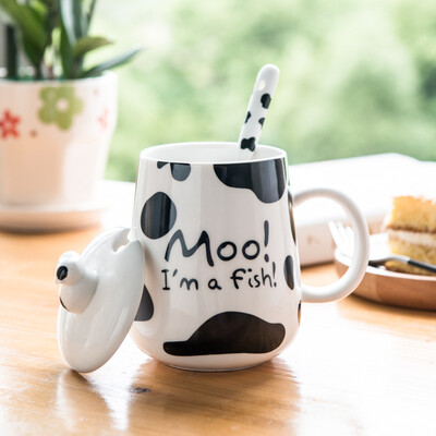 

Porcelain soul creative fashion cute milk cups personality ceramic water cups big belly mugs with covered spoon couple coffee cups stereo cow cups