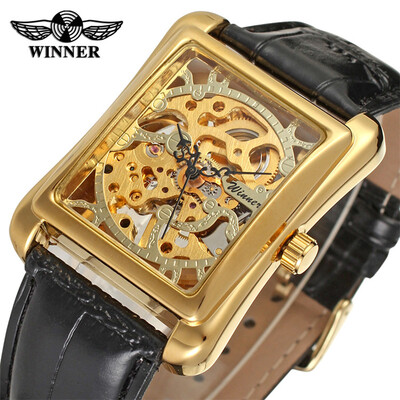 

Winner 2017 Retro Casual Series Rectangle Dial Design Golden Hollow Skeleton Watch Men Luxury Mechanical Watch