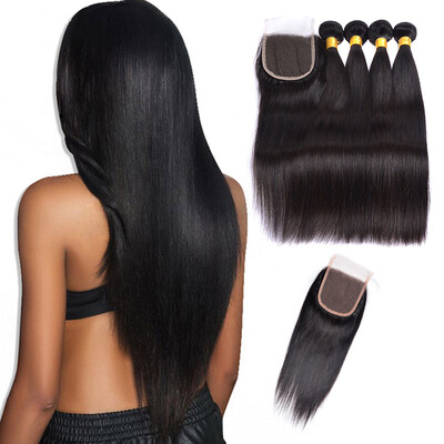 

Brazilian Straight Hair Weaves 4 Bundles with Closure Free Middle 3 Part 7A Quality Double Weft Human Hair Extensions Dyeable 80g pc