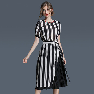 

2017 New Fashion black&white stripe Printing Dress Slim A-lineskirt Relaxation Party Office Exercise Womens Dress