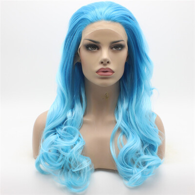 

Iwona Hair Wavy Long Blue Root Light Blue Ombre Wig Half Hand Tied Heat Resistant Synthetic Lace Front Wig