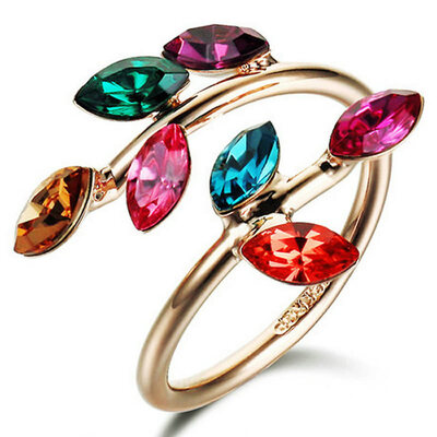 

Yoursfs 18K Rose Gold Plated Unique Leaves Shaped Colorful Austrian Crystal Engagement Ring Adjustable
