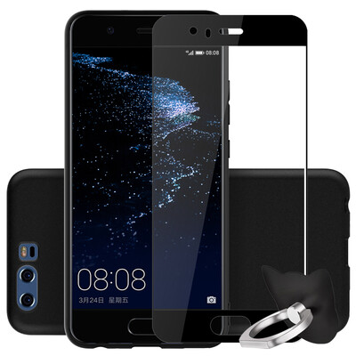 

Shell three-piece set ESCASE Huawei P10 phone shell all-inclusive matte anti-drop soft shell protective cover elegant black send ring buckle black full-screen steel film protection three-piece