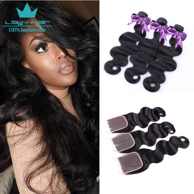 

3 Bundles Malaysian Body Wave With Lace Closure 8A Unprocessed Malaysian Human Hair Weave Extensions 1B