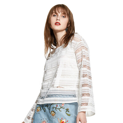 

UR ladies Women&39s round neck lace hollow stitching T-shirt WE08S4EN2003 white line S