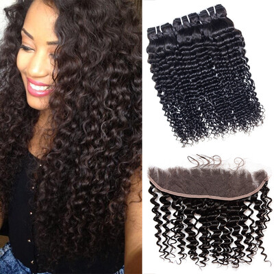 

8A Deep Wave Brazilian Hair 3 Bundles With Closure Deep Wave With Frontal Closure Human Hair Bundles With Lace Frontal